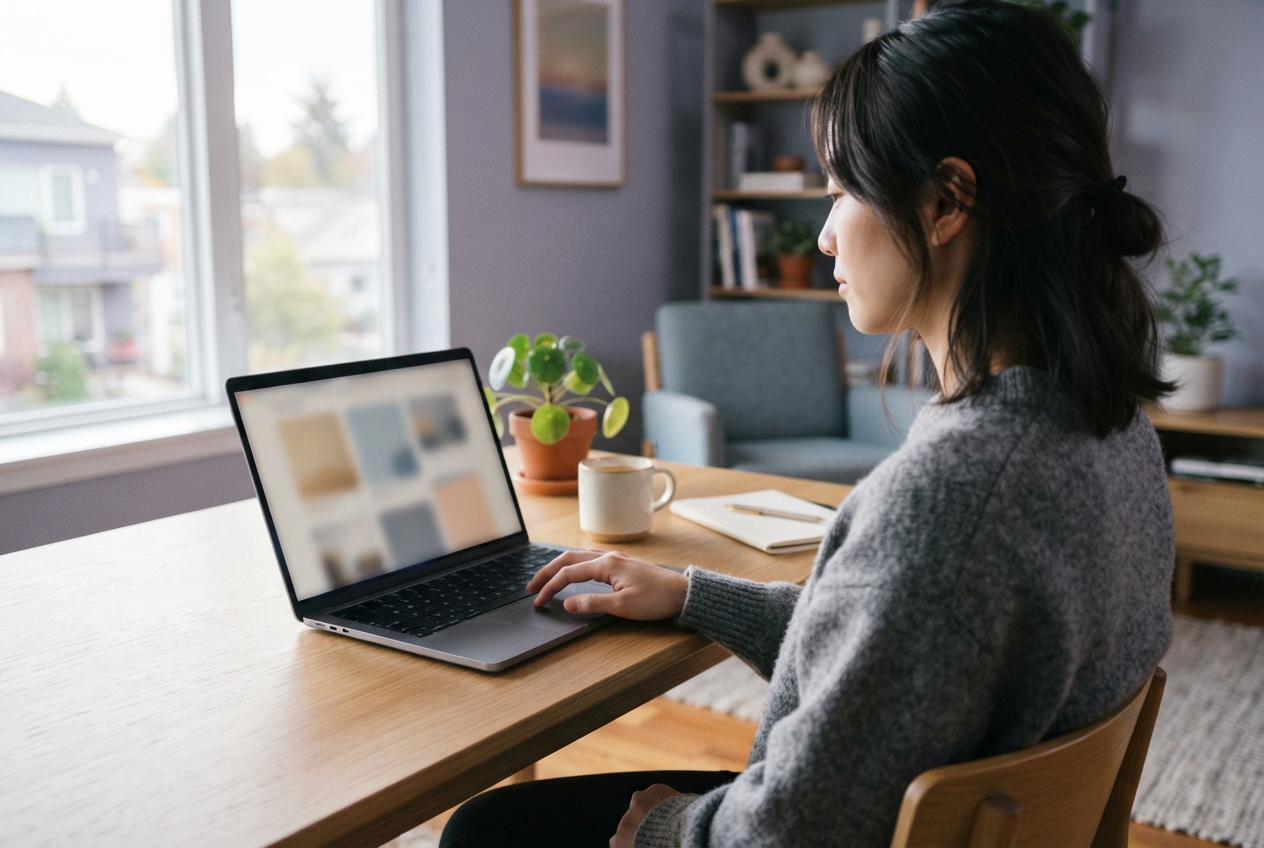 Woman in a gray sweater works on a laptop at a wooden table in a bright living room.