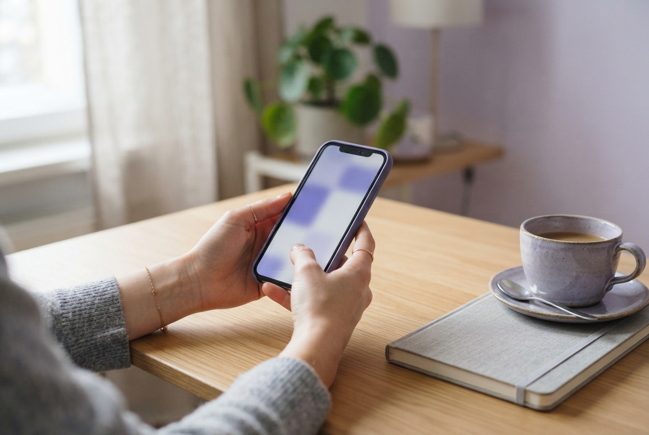 Person in a gray sweater holds a blurred smartphone at a wooden table beside coffee and a notebook.